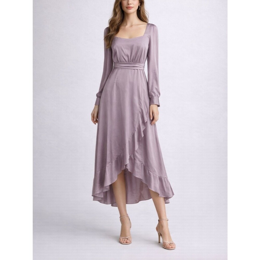 Area Stars Mauve Satin Midi Dress Square Neck Long Sleeve Ruffle Hem Size M